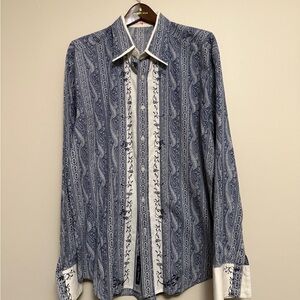 Robert Graham men’s long sleeve floral shirt button-down blue shirt, XXL